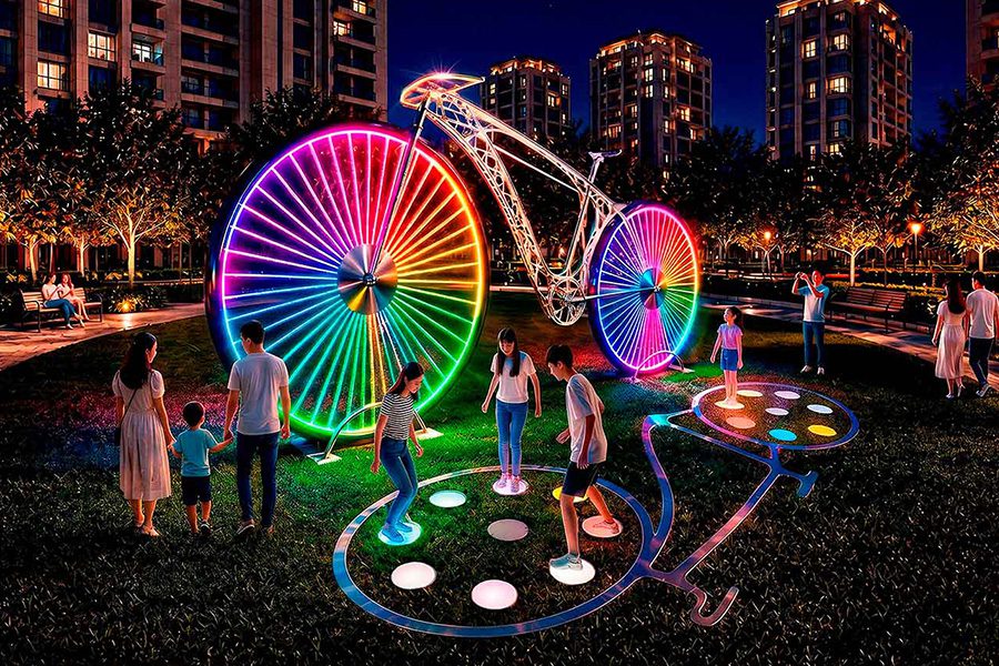 interactive public art bicycle at night in residential park with light interactive public art bicycle at night in residential park with light