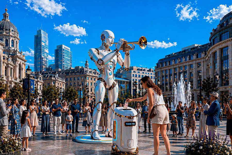 interactive art robot plays trumpet on public and girl interact with him interactive art robot plays trumpet on public and girl interact with him