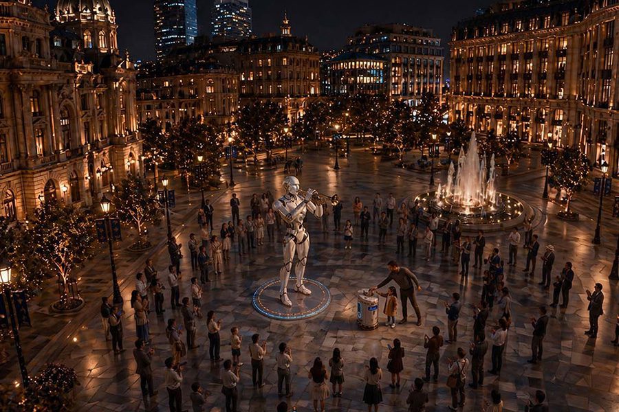 interactive art robot plays trumpet robot plays trumpet at night interactive art