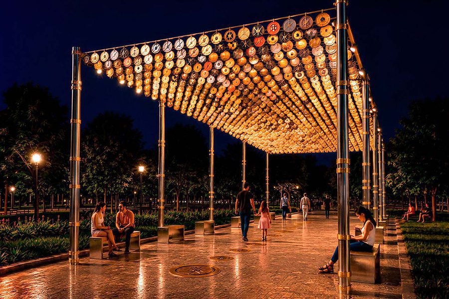 art installation with coins of the world at night with led art installation with coins of the world at night with led