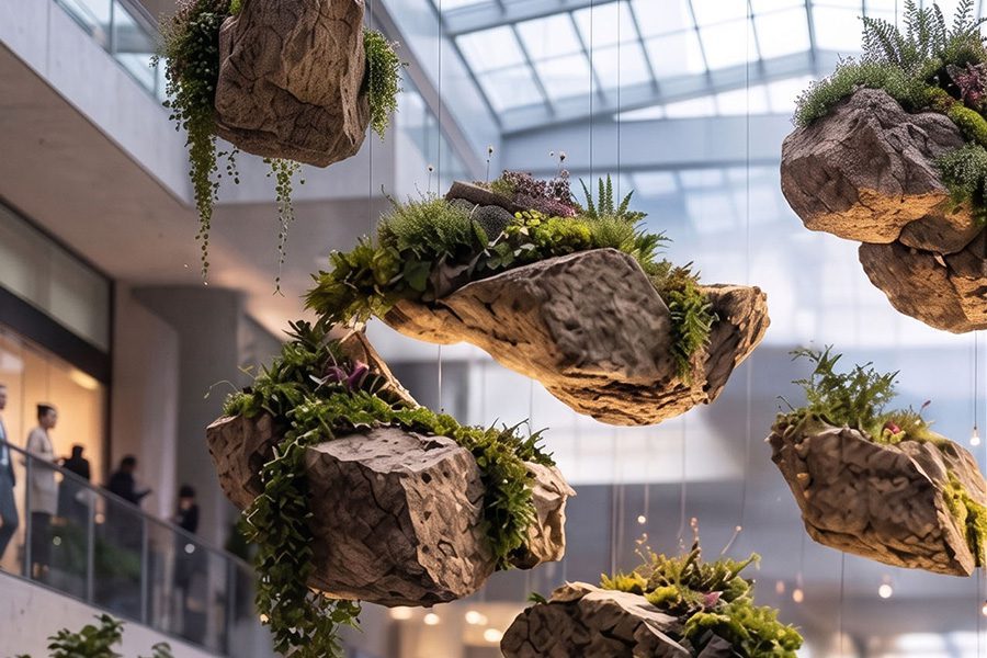 suspended stones with moss in shopping center suspended stones with moss in shopping center