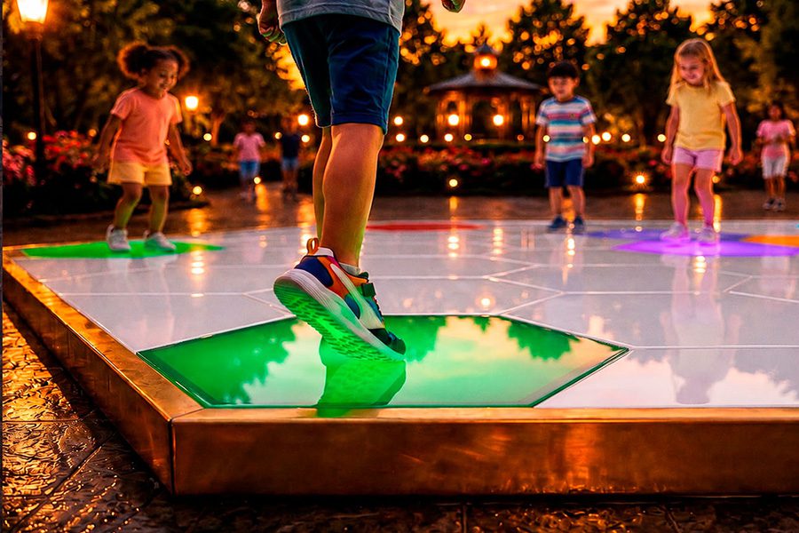kid running on the interactive floor in the park kid running on the interactive floor in the park