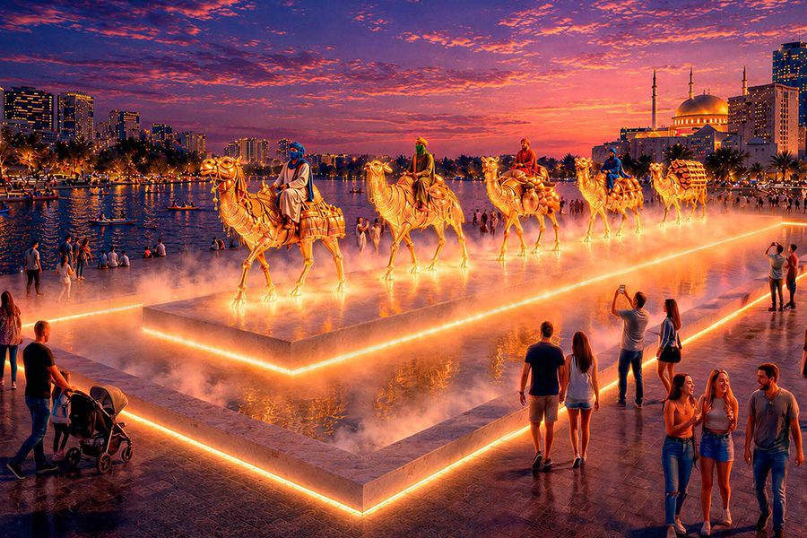 public art installation with camels introducing Silk Road surrounded with water feature and steam at night with light public art installation with camels introducing Silk Road surrounded with water feature and steam at night with light