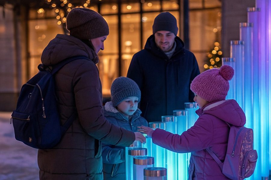 kids and adults touching pipes with led inside kids and adults touching pipes with led inside