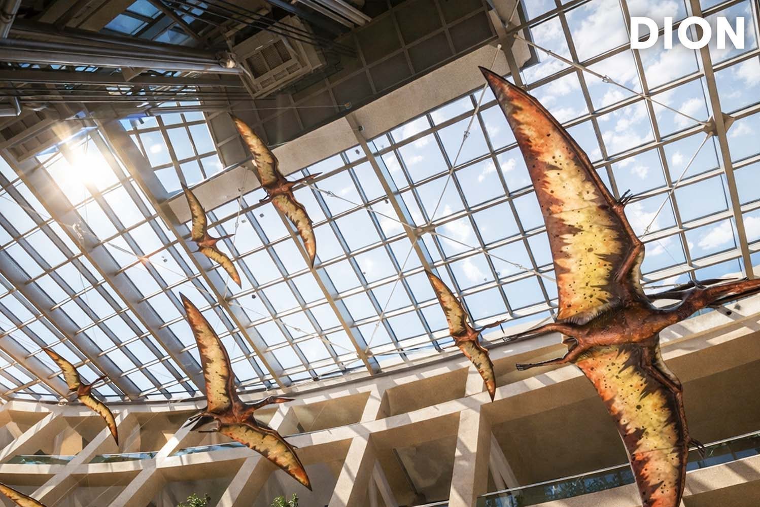 Kinetic installation with pterodactyls, view from below