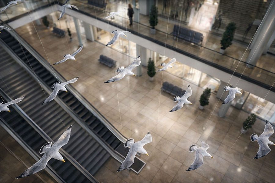 kinetic bird installation for shopping center