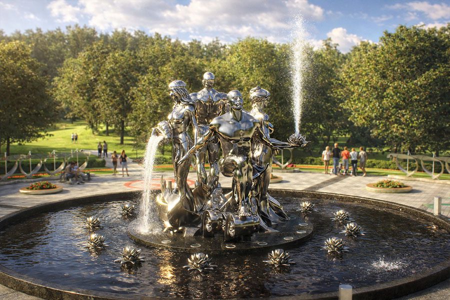 metal sculpture art feature with water