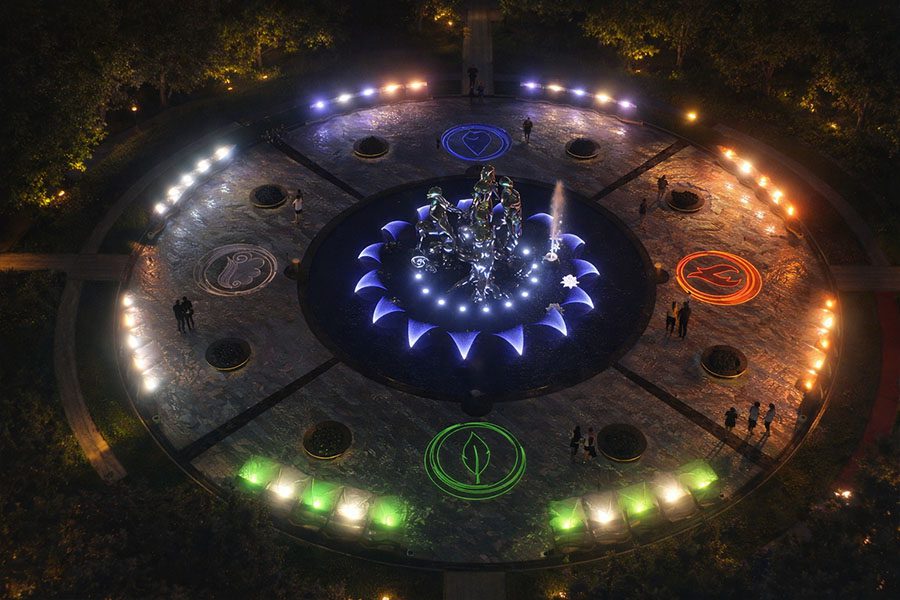 round  water and art installation with lighting 