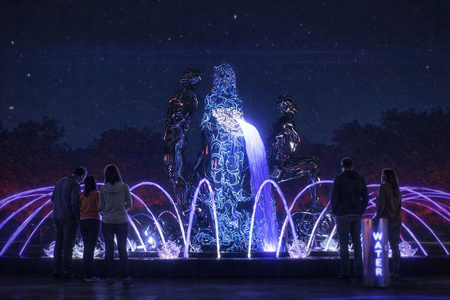 illuminated abstract human sculptures with water fountain
