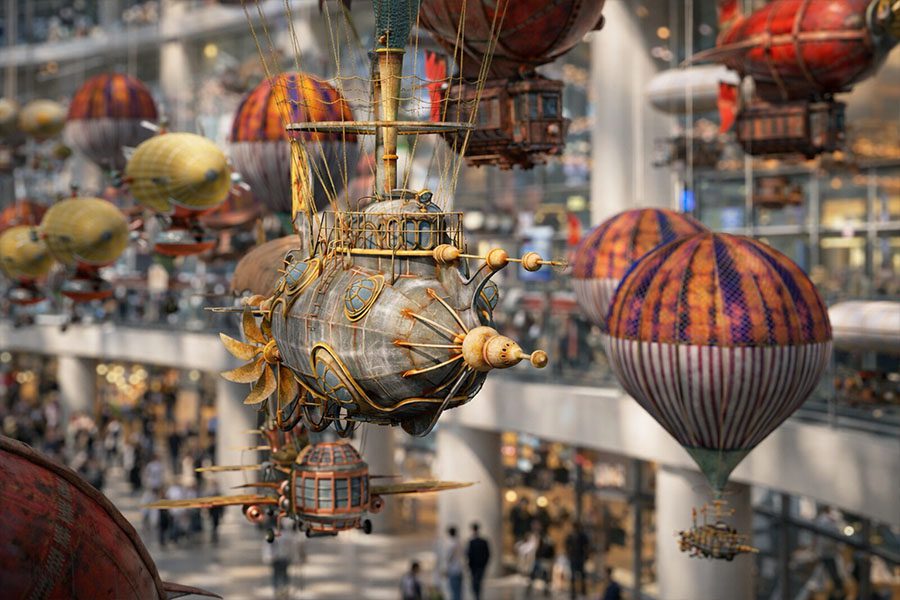 Suspended steampunk airship sculpture