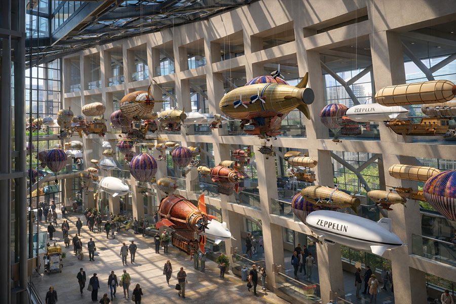 Suspended airships art installation in atrium