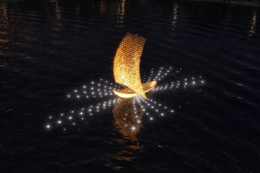 gold sail boat art feature