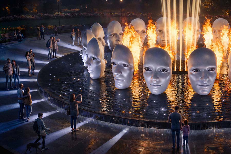 Kinetic fountain with rotating sculptural faces