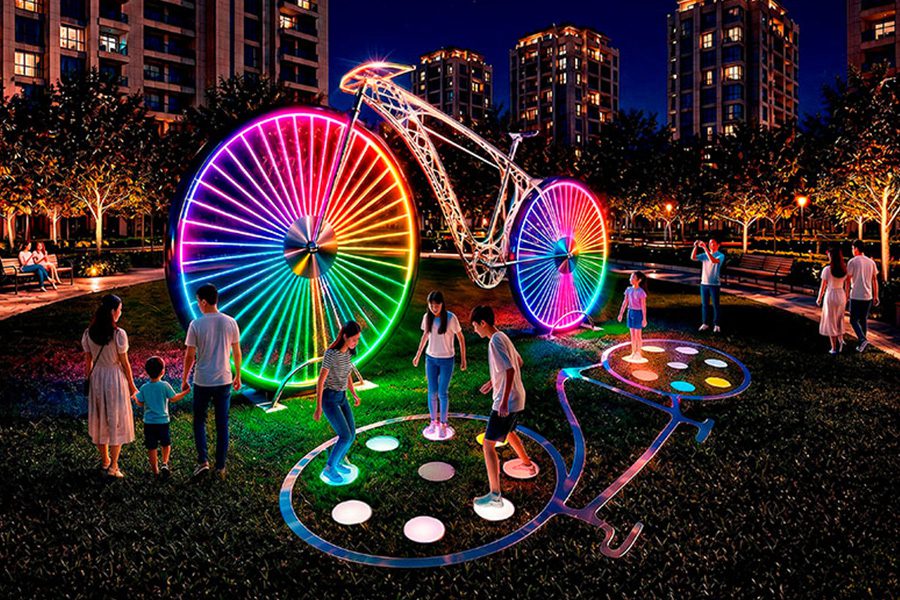 bicycle art sculpture in residential park at night with people around interacting with it