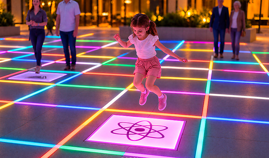 small girl playing on the interactive led floor
