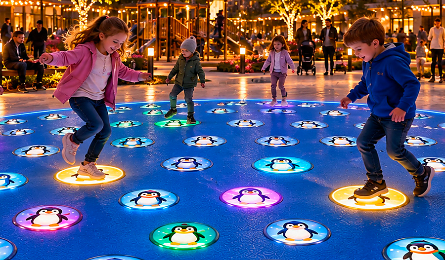 large blue circle with small penguins and kinds playing on it
