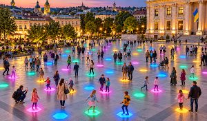 public square with interactive colorful floor honeycombs