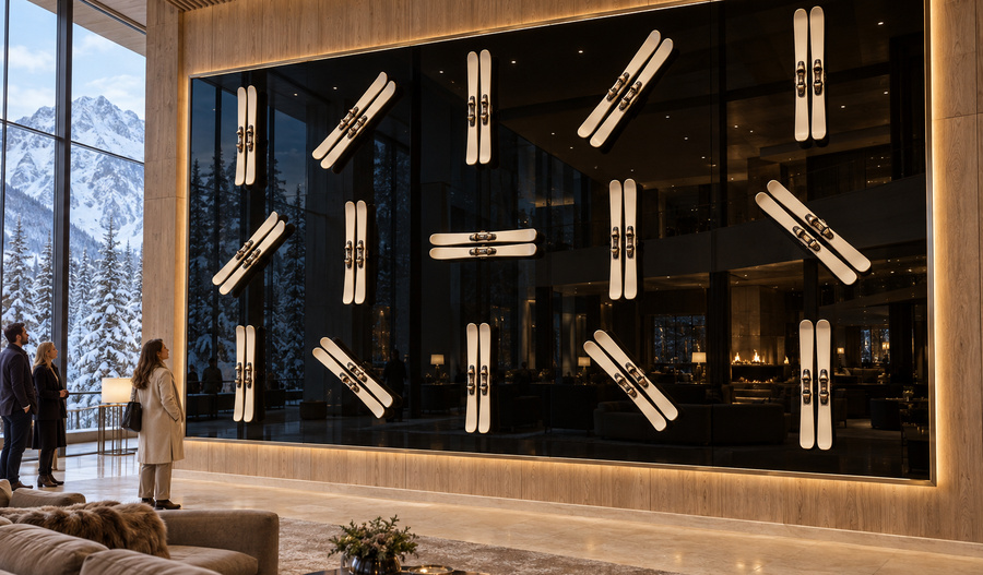 kinetic interactive ski Art on the wall in hotel lobby
