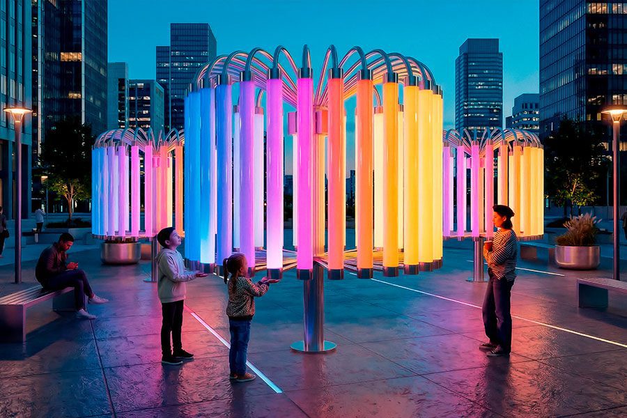 Families interact with the "Pulse of Light" installation in a contemporary town square, gathering around a circular arrangement of vertically suspended glowing tubes.