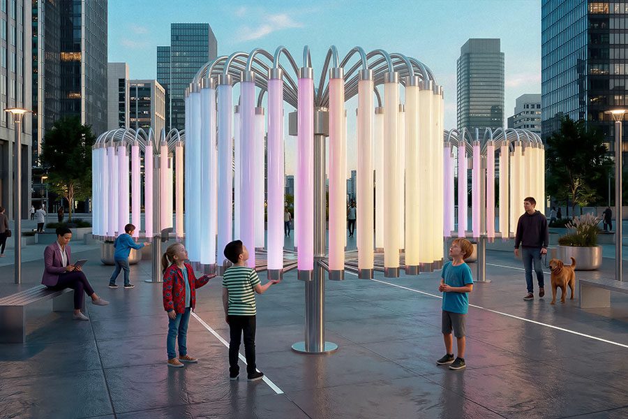 Children gather around the “Pulse of Light” installation in a city plaza at dusk, interacting with a circular structure of illuminated polycarbonate tubes. As their hands approach the suspended light elements, the columns respond with soft, flowing световые сценарии, turning the installation into a responsive public art environment where technology, light, and human presence merge into a shared, engaging experience.