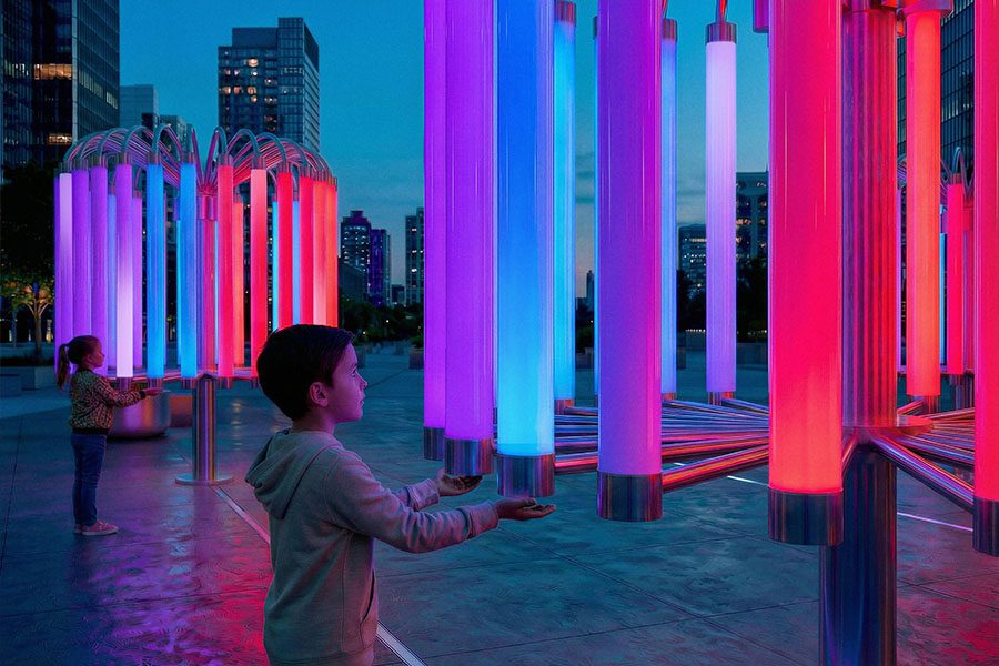 Next to the "Pulse of Light" installation, a child stands, reaching out to suspended glowing tubes that shimmer with vibrant gradients of blue, pink, and red. Interactive polycarbonate columns react to approach, triggering a sequence of lighting effects that transform the structure into an interactive environment where human presence creates a vibrant dialogue between technology, light, and urban space.