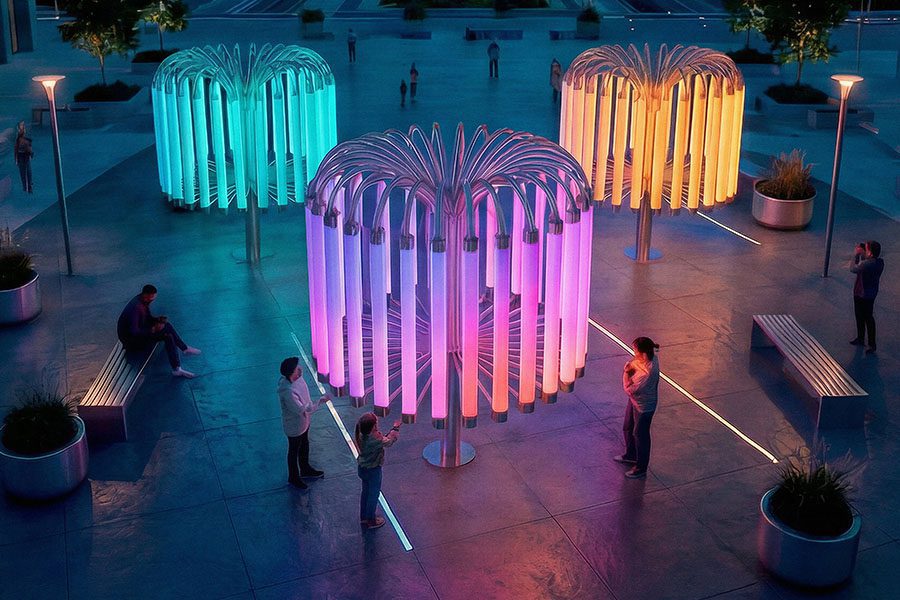 Three groups of glowing vertical tubes form the “Pulse of Light” interactive installation in an open urban square, each circular structure emitting soft gradients of cyan, magenta, and warm amber. 