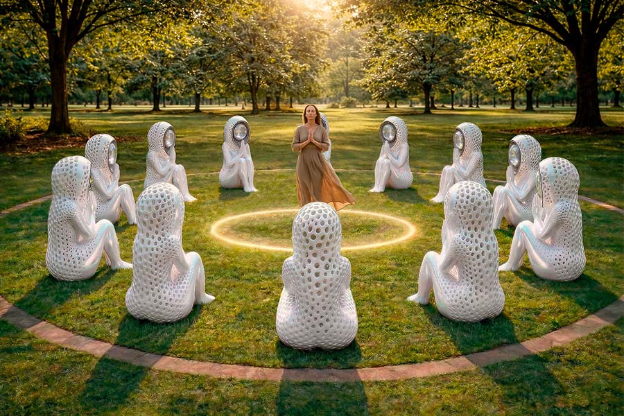 Woman standing in the center of a circular public art installation  "Prayer of Love" surrounded by illuminated sculptural figures, creating an immersive ritual-like light experience in a park setting.