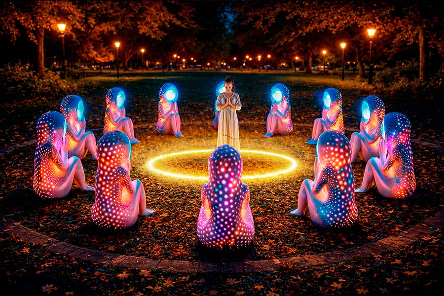 Night view of an light Interactive Installation "Prayer of Love"n with glowing sculptural figures forming a circle around a person, creating a vibrant ritual-like atmosphere in a park.