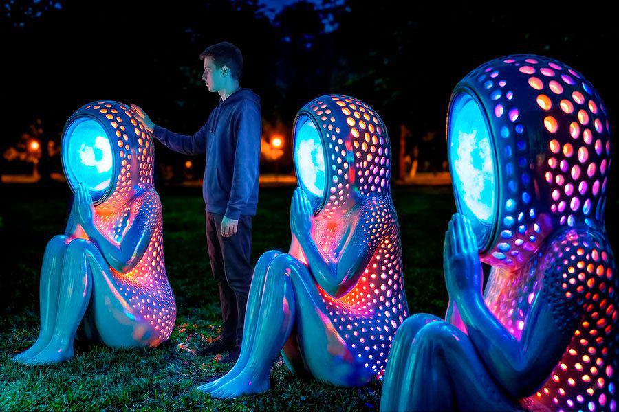 Interactive light installation “Prayer for Love”: three illuminated guardian figures with perforated bodies and soft gradient glow, one activated by a human touch, creating a sense of a living dialogue between light, form, and emotion in a nighttime public space.