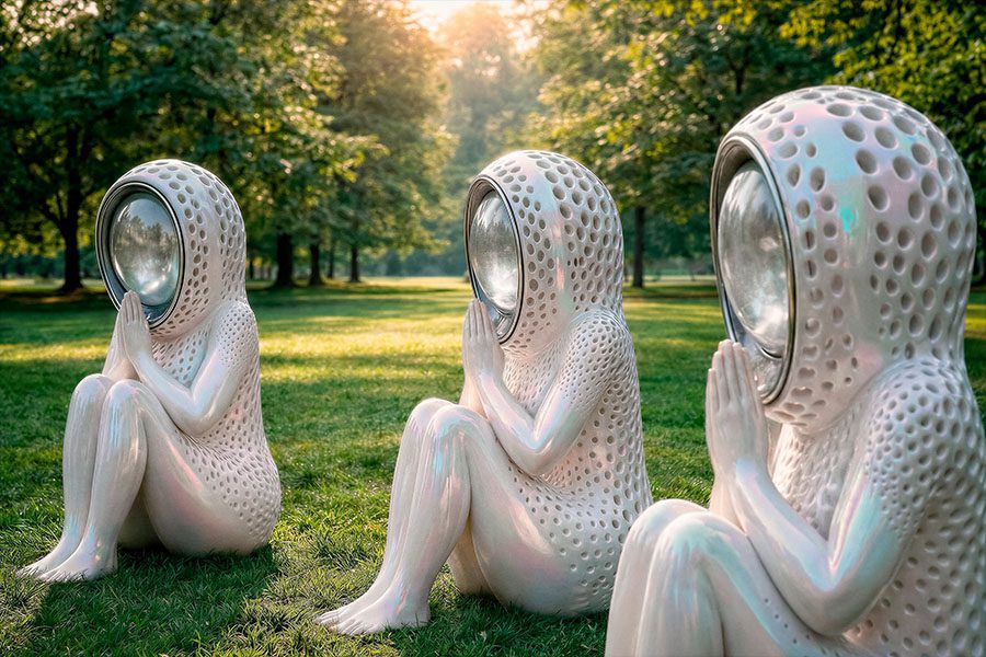 Close-up of sculptural guardian figures with perforated surfaces and reflective faces, seated in a park as part of an interactive light installation.