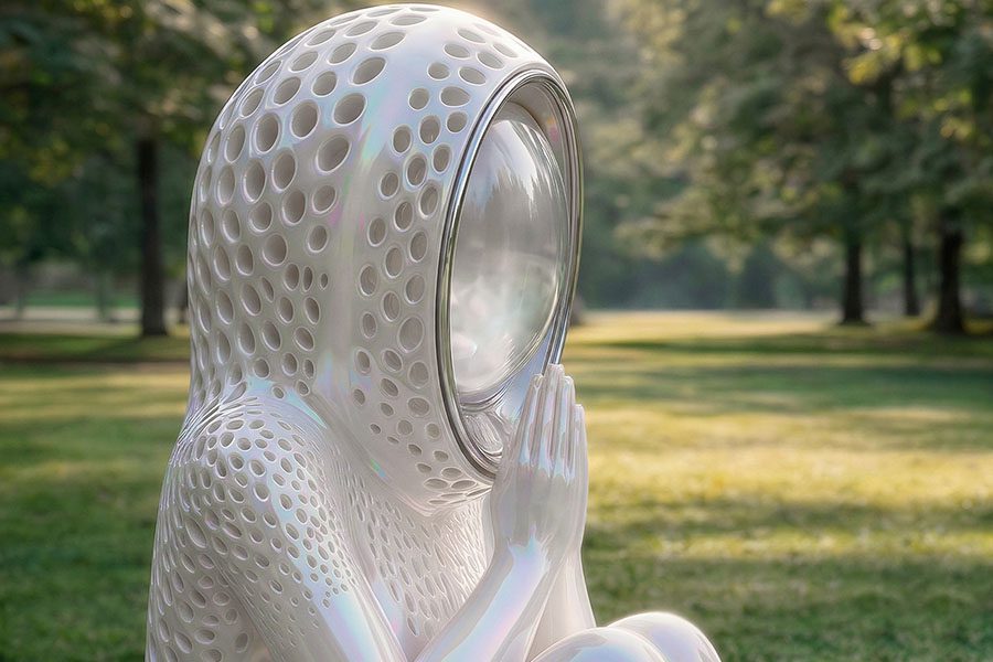 Close-up of a single guardian sculpture with perforated white surface and mirror-like face, hands in a prayer gesture within an outdoor interactive art installation.