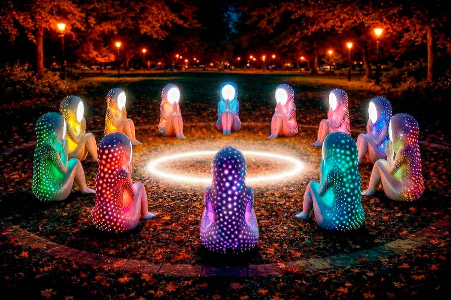 An interactive public art installation, "Prayer for Love" at night: a circular composition of illuminated guardian figures surrounding a luminous central space, creating a ritual environment where light, color, and human presence merge into a shared, immersive experience in a nighttime park.