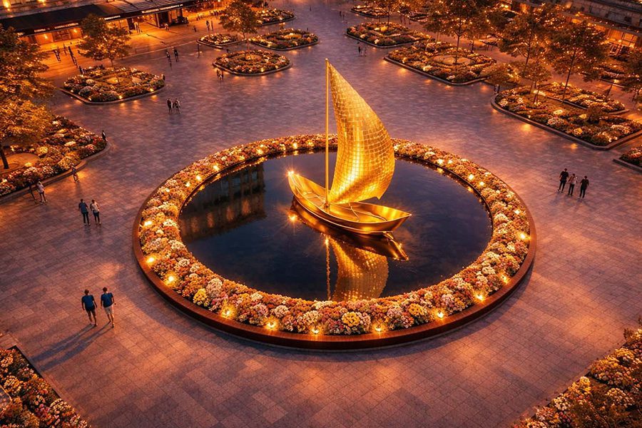sail boat public art with water feature round on the square
