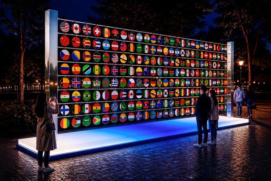 kinetic installation with coins showing different flags