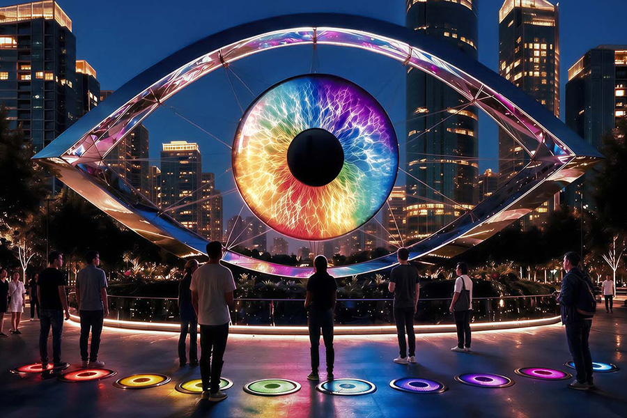 colorful night eye art installation with people