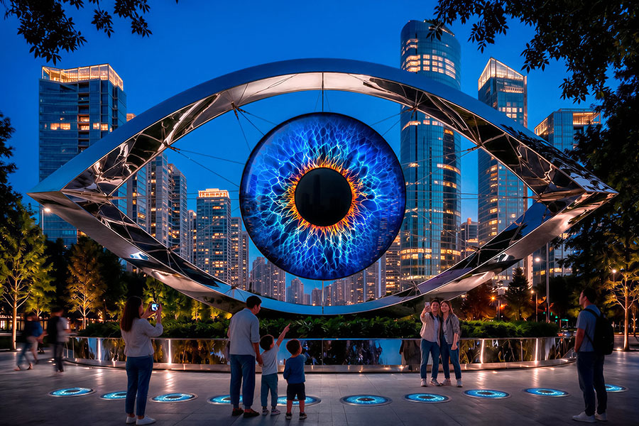 metal large eye art installation at night
